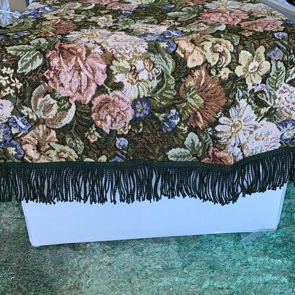 Vintage Square Floral Tapestry Table Doily Green Multi With Twisted Rope Fringe